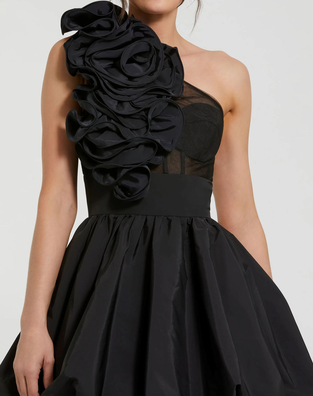 Black Taffeta One Shoulder Ruffle Bubble Mini Dress - Contemporary Collection