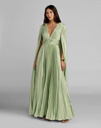 Green Pleated Charmeuse V Neck Gown With Cape - Contemporary Collection