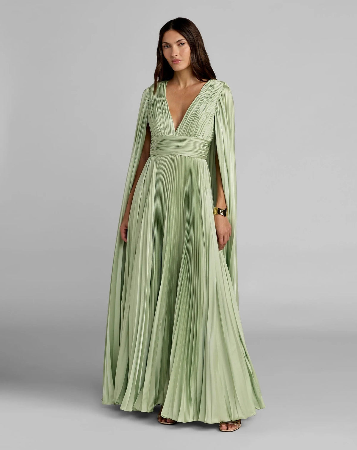 Green Pleated Charmeuse V Neck Gown With Cape - Contemporary Collection