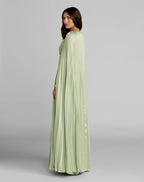 Green Pleated Charmeuse V Neck Gown With Cape - Contemporary Collection