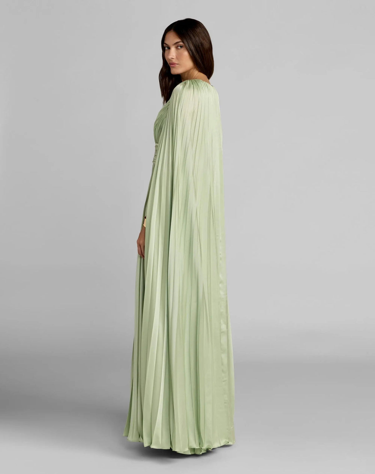 Green Pleated Charmeuse V Neck Gown With Cape - Contemporary Collection