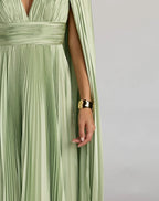 Green Pleated Charmeuse V Neck Gown With Cape - Contemporary Collection