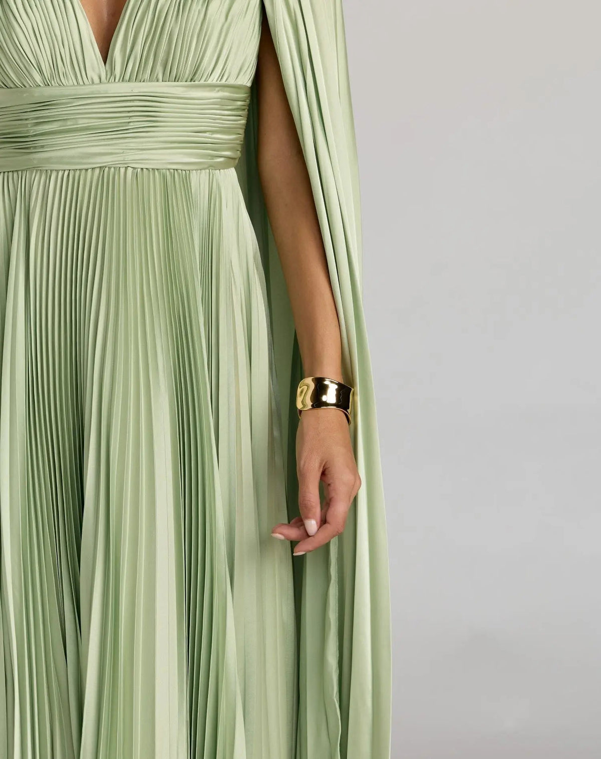Green Pleated Charmeuse V Neck Gown With Cape - Contemporary Collection