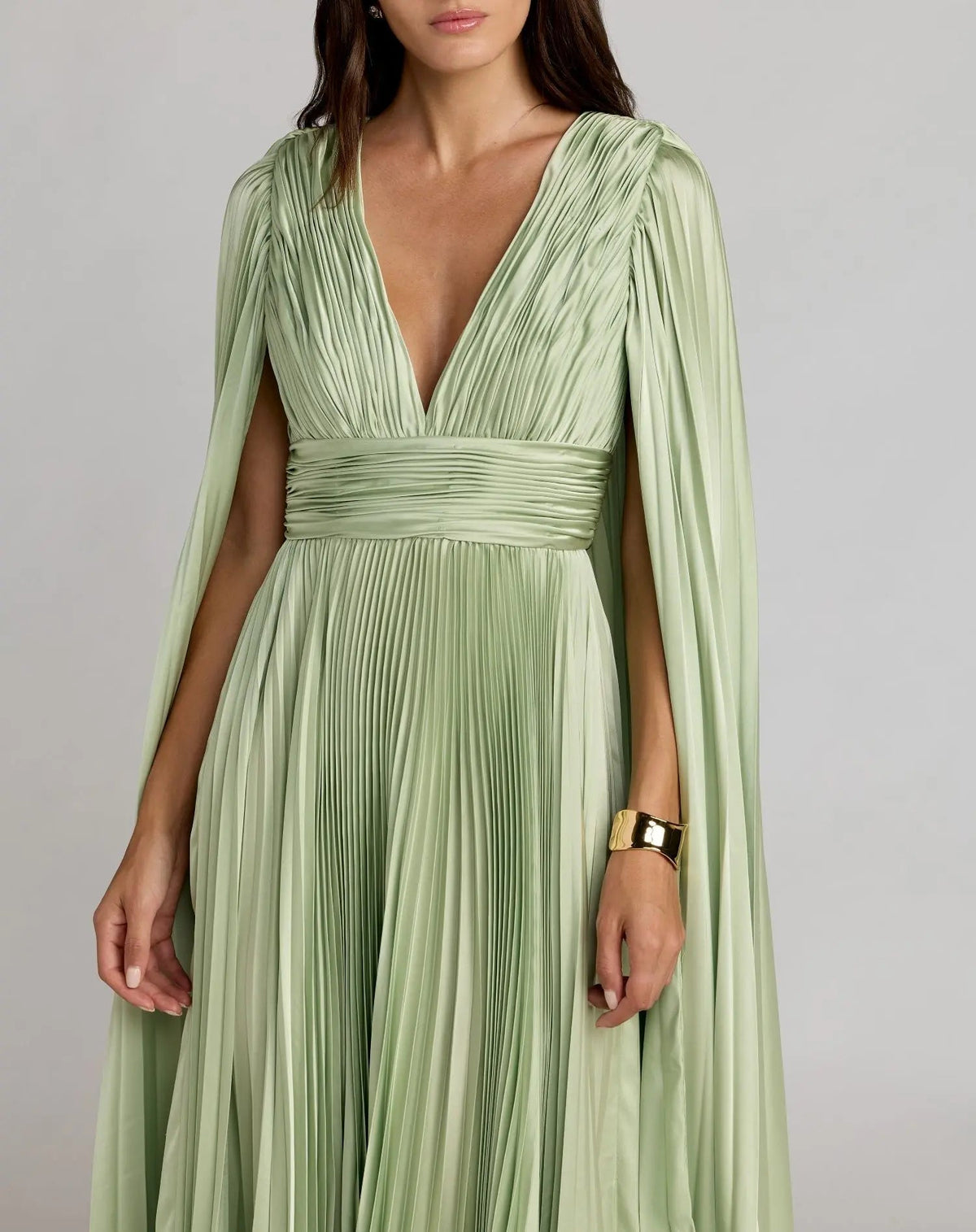 Green Pleated Charmeuse V Neck Gown With Cape - Contemporary Collection