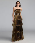 Deep Gold Strapless Pleated Metallic Layered Ruffle Gown Contemporary Collection