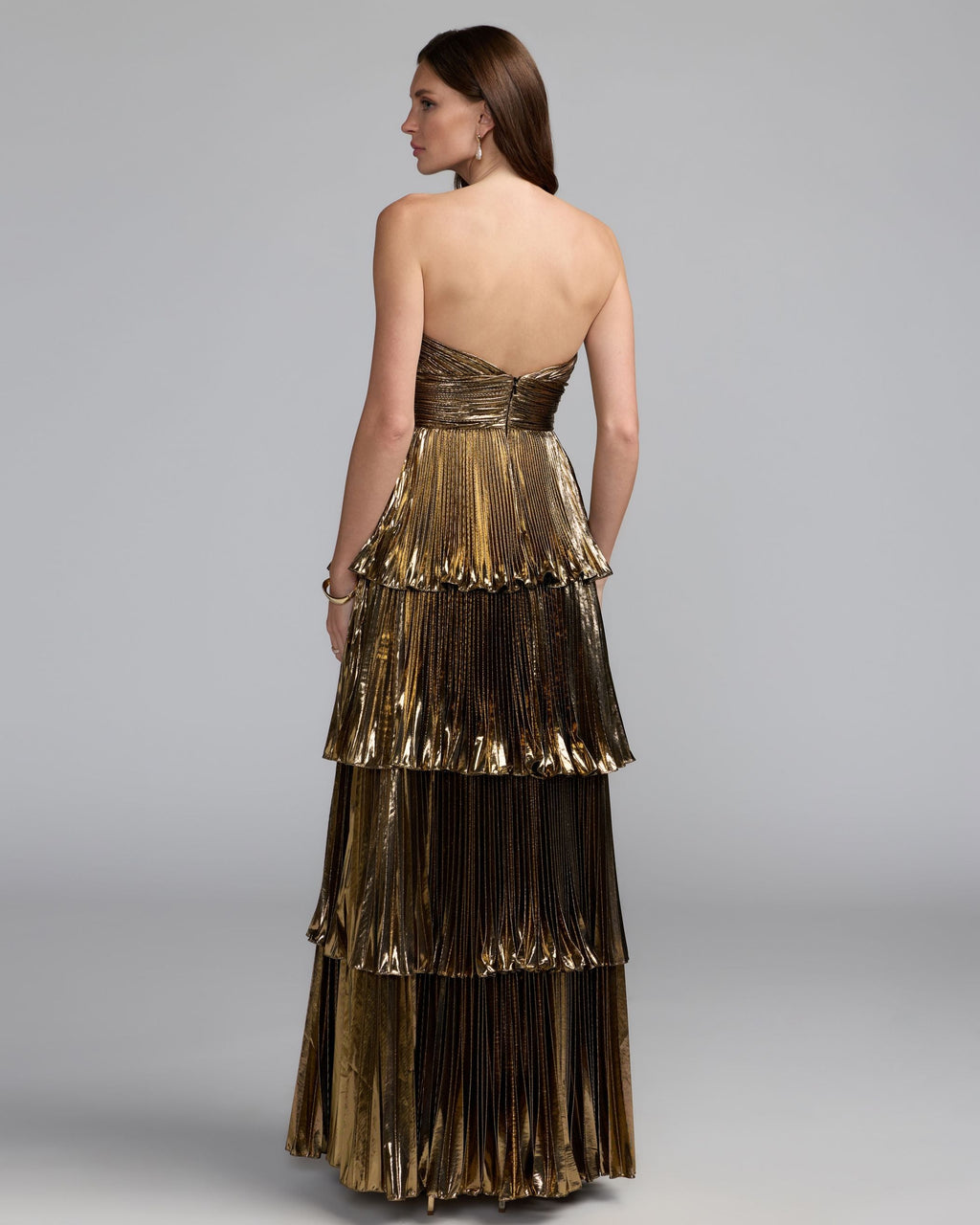 Deep Gold Strapless Pleated Metallic Layered Ruffle Gown Contemporary Collection