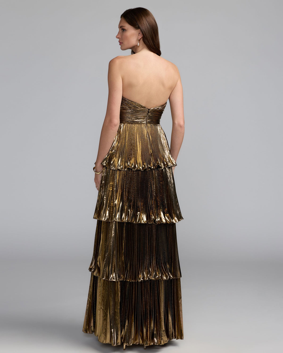 Deep Gold Strapless Pleated Metallic Layered Ruffle Gown Contemporary Collection