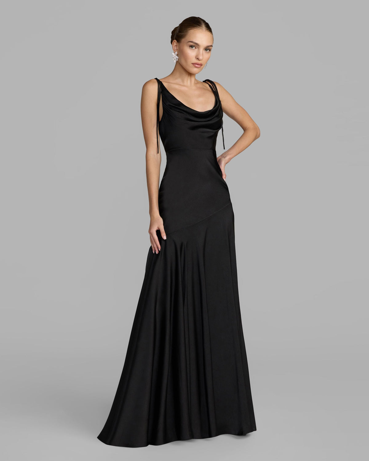 Black Charmeuse Cowl Gown With Thin Bow Straps Contemporary Collection