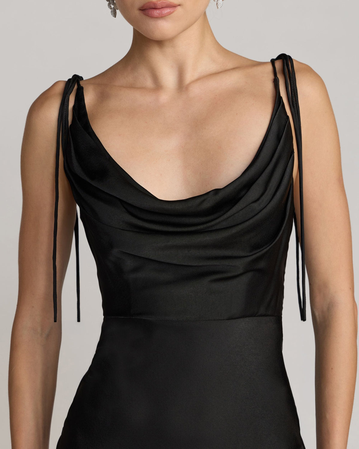 Black Charmeuse Cowl Gown With Thin Bow Straps Contemporary Collection