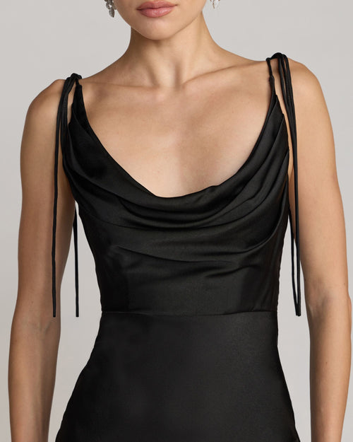 Black Charmeuse Cowl Gown With Thin Bow Straps Contemporary Collection