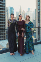 Purple Long Sleeve Fitted Jersey Gown With 3D Flowers - Contemporary Collection