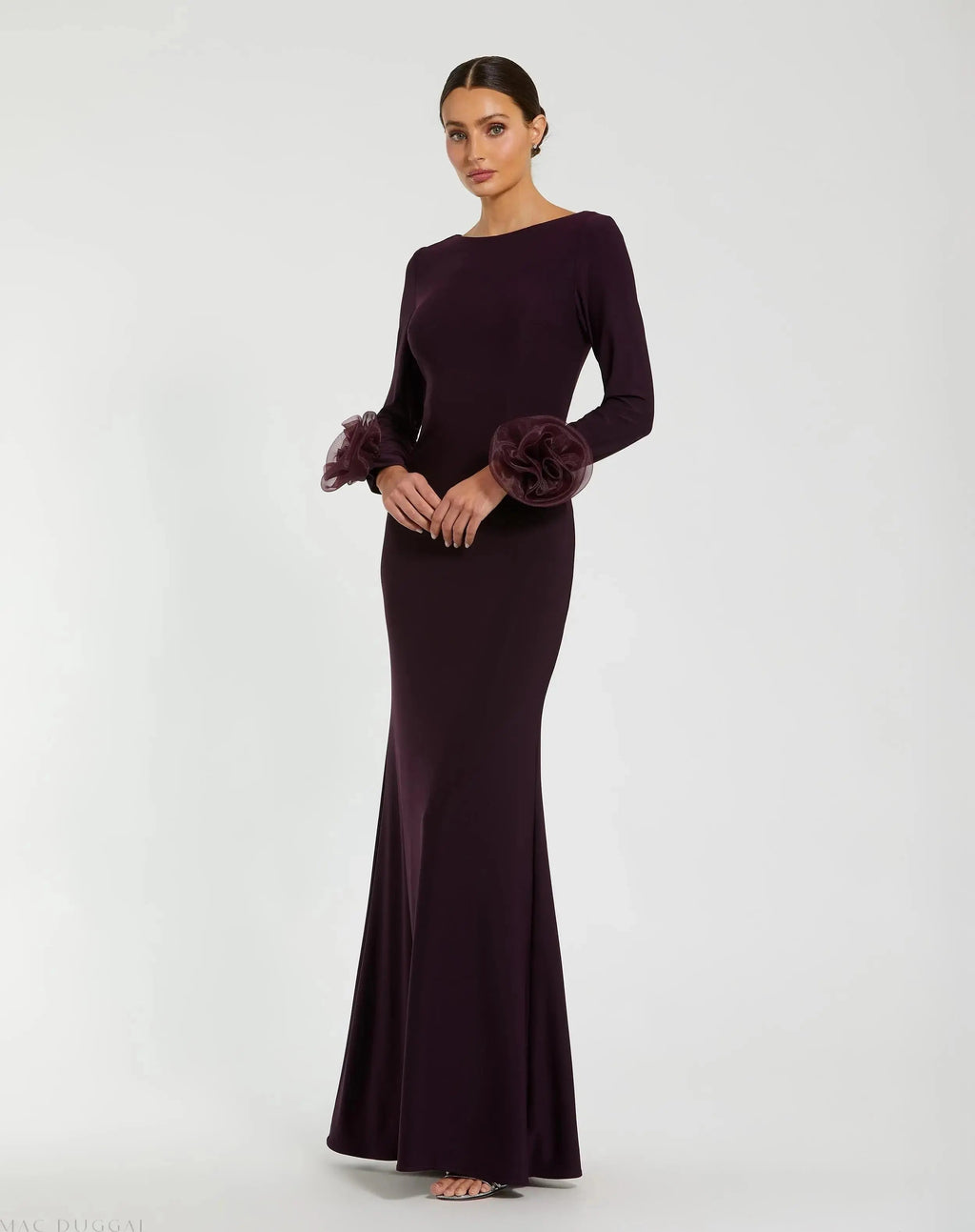 Purple Long Sleeve Fitted Jersey Gown With 3D Flowers - Contemporary Collection