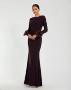 Purple Long Sleeve Fitted Jersey Gown With 3D Flowers - Contemporary Collection