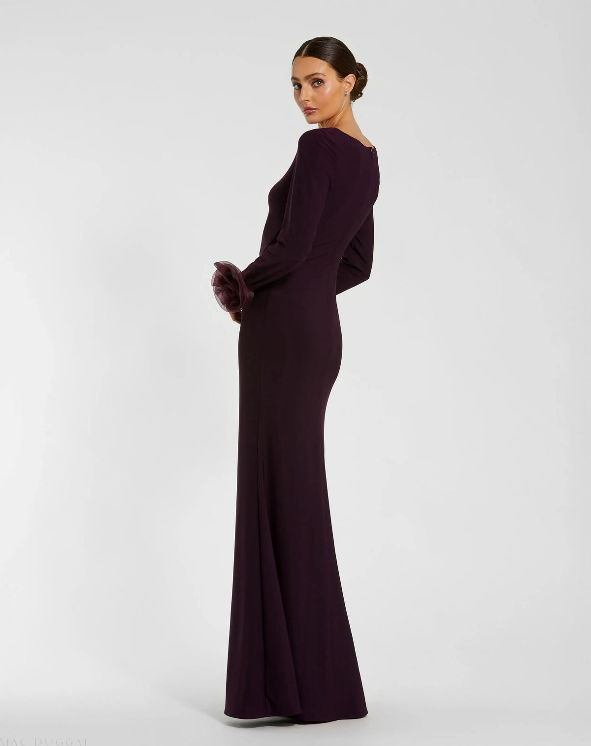 Purple Long Sleeve Fitted Jersey Gown With 3D Flowers - Contemporary Collection