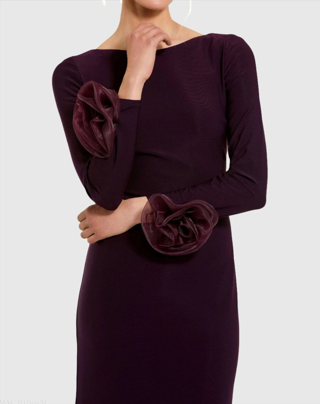 Purple Long Sleeve Fitted Jersey Gown With 3D Flowers - Contemporary Collection