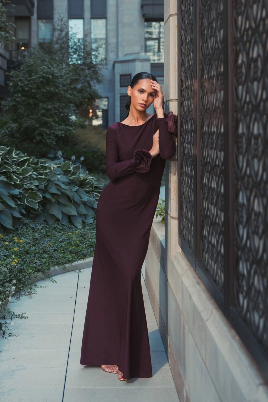 Purple Long Sleeve Fitted Jersey Gown With 3D Flowers - Contemporary Collection