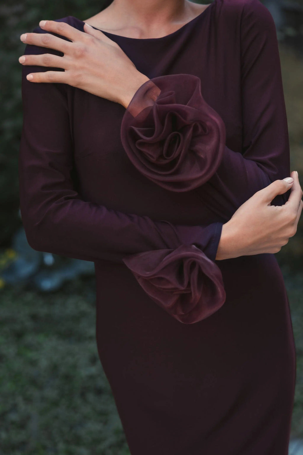 Purple Long Sleeve Fitted Jersey Gown With 3D Flowers - Contemporary Collection