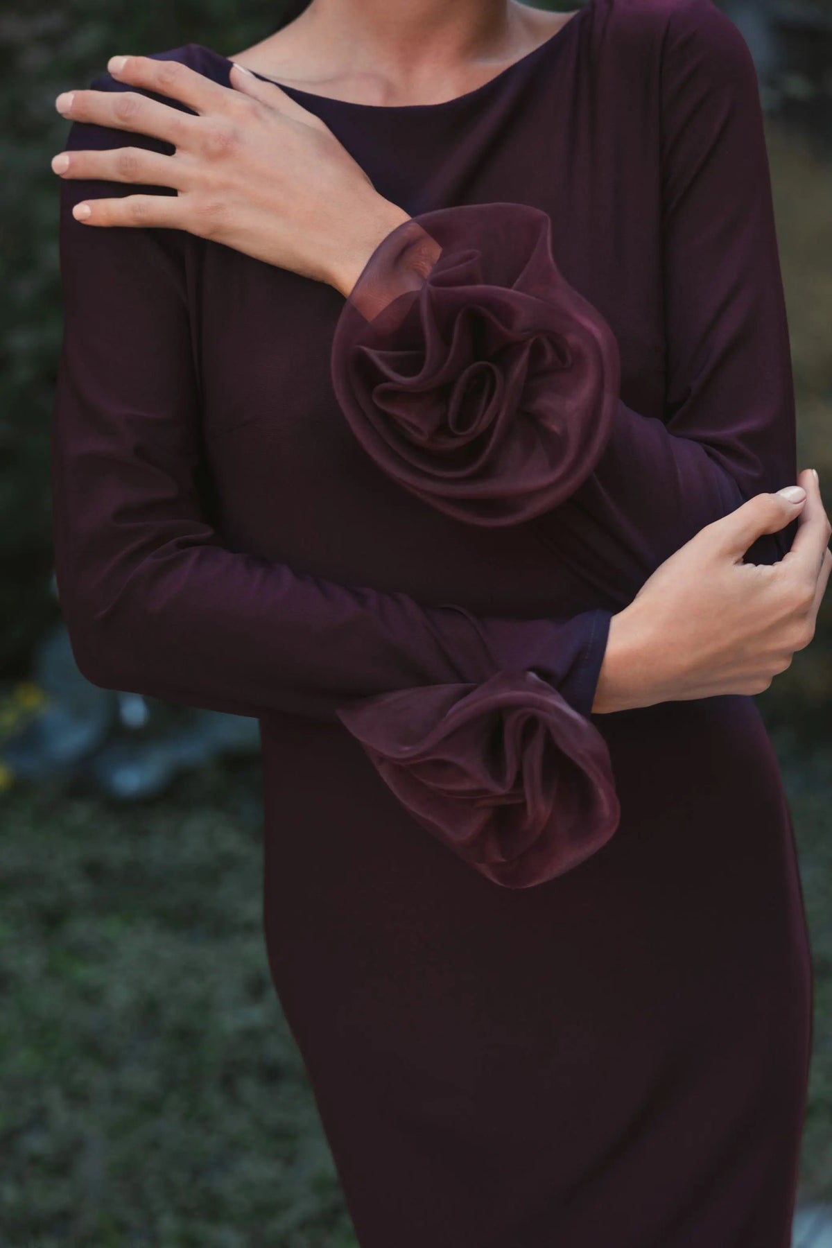 Purple Long Sleeve Fitted Jersey Gown With 3D Flowers - Contemporary Collection