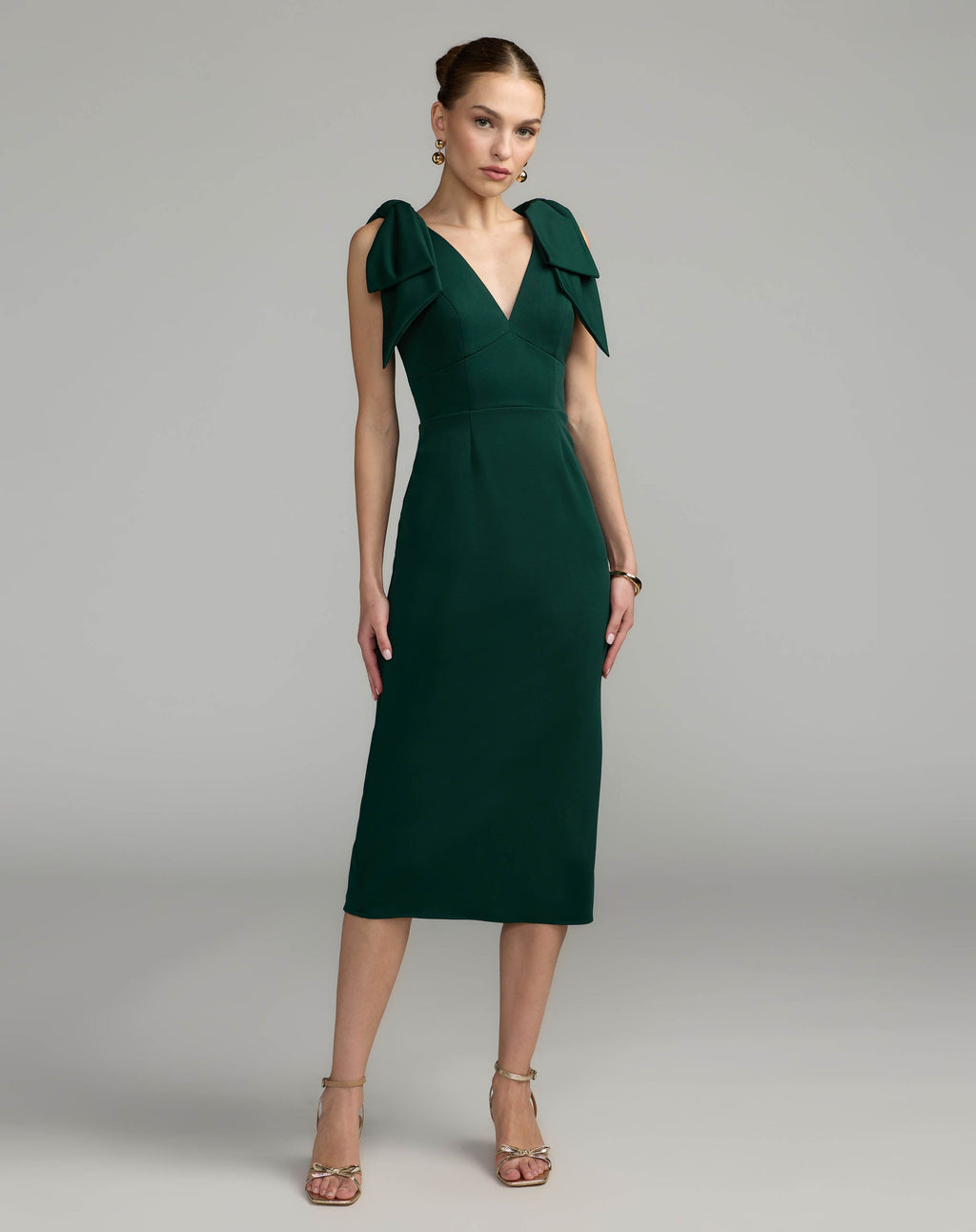 Green Sleeveless Crepe Midi Dress with Bow Straps - Contemporary Collection
