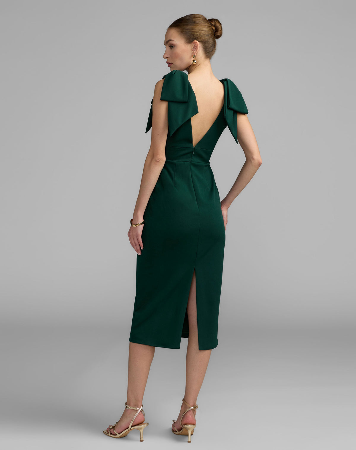 Green Sleeveless Crepe Midi Dress with Bow Straps - Contemporary Collection