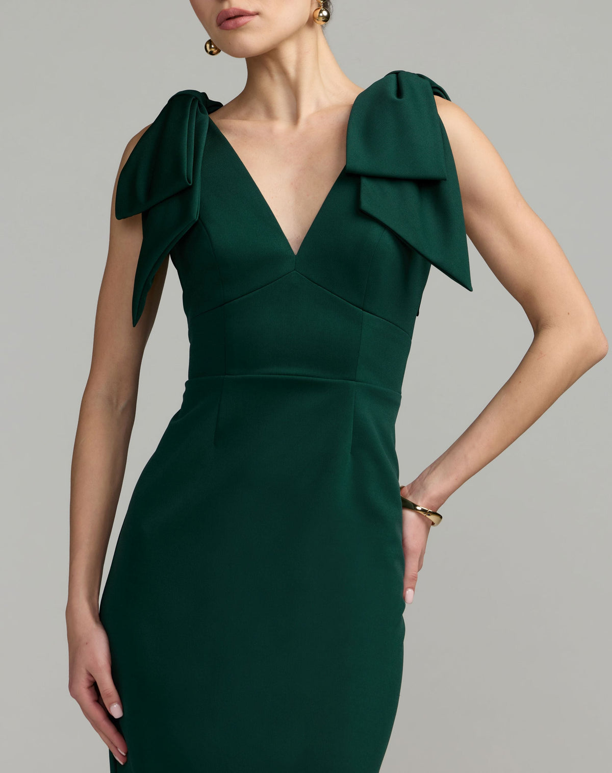 Green Sleeveless Crepe Midi Dress with Bow Straps - Contemporary Collection