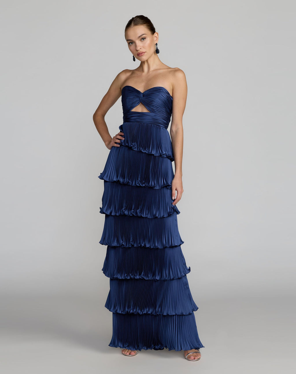 Navy Pleated Charmeuse Strapless Tiered Ruffle Gown Contemporary Collection