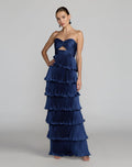 Navy Pleated Charmeuse Strapless Tiered Ruffle Gown Contemporary Collection