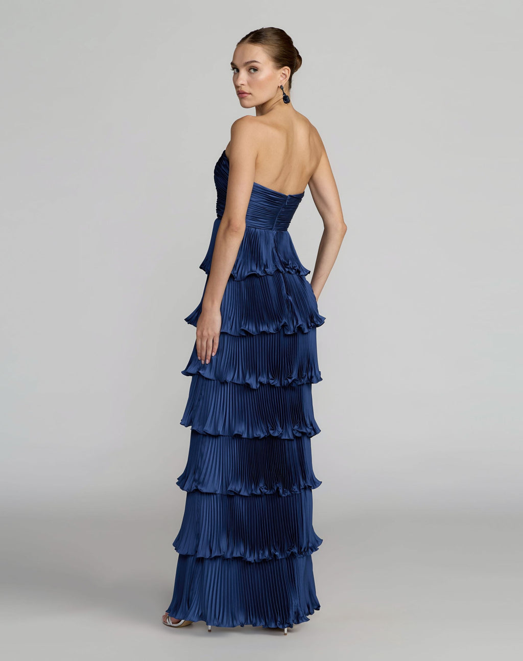 Navy Pleated Charmeuse Strapless Tiered Ruffle Gown Contemporary Collection