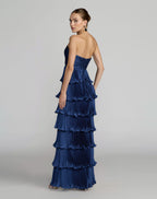 Navy Pleated Charmeuse Strapless Tiered Ruffle Gown Contemporary Collection