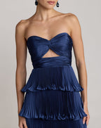 Navy Pleated Charmeuse Strapless Tiered Ruffle Gown Contemporary Collection