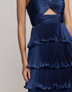 Navy Pleated Charmeuse Strapless Tiered Ruffle Gown Contemporary Collection