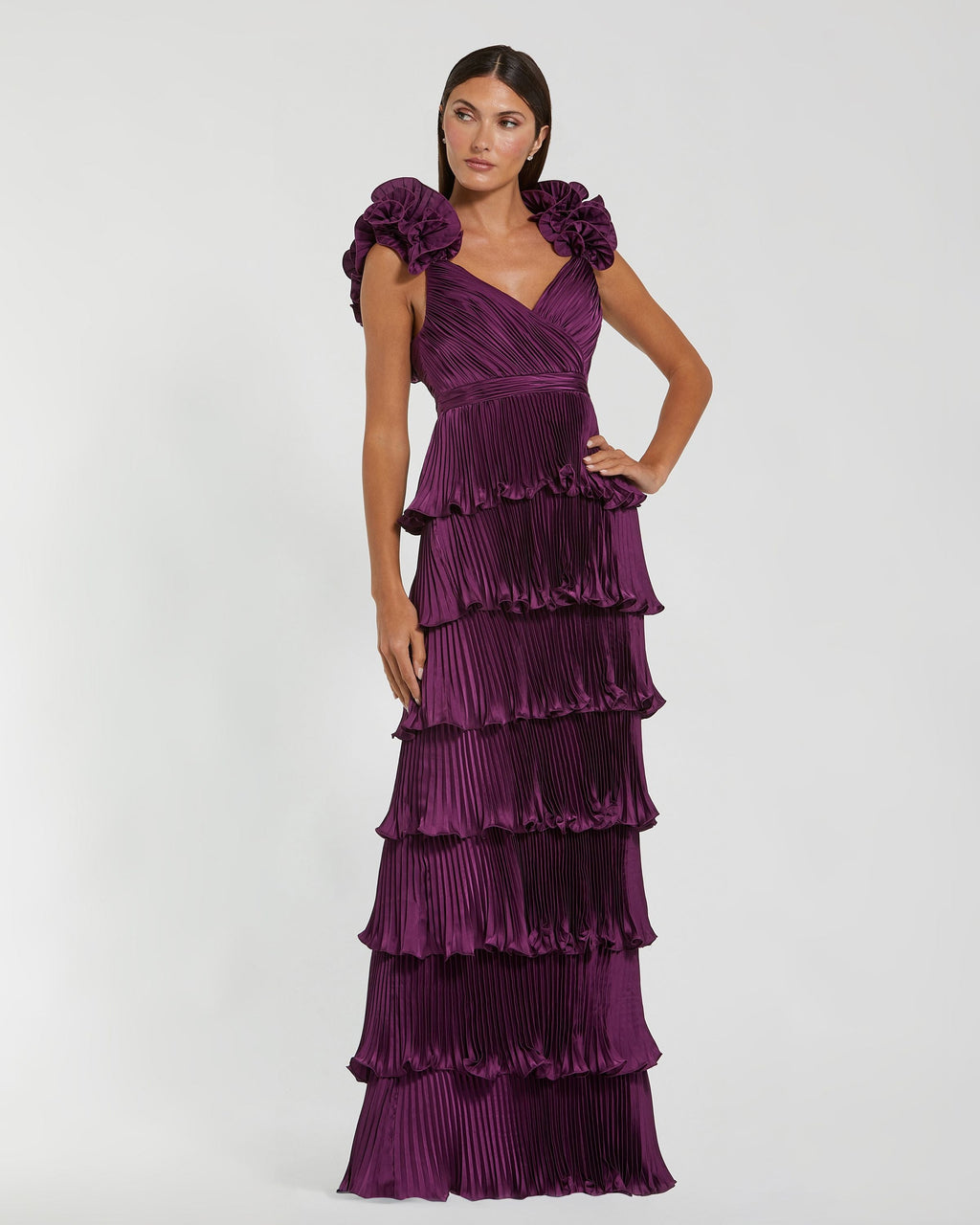 Purple Pleated Charmeuse Tiered Gown With Ruffle Straps Contemporary Collection