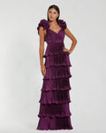 Purple Pleated Charmeuse Tiered Gown With Ruffle Straps Contemporary Collection