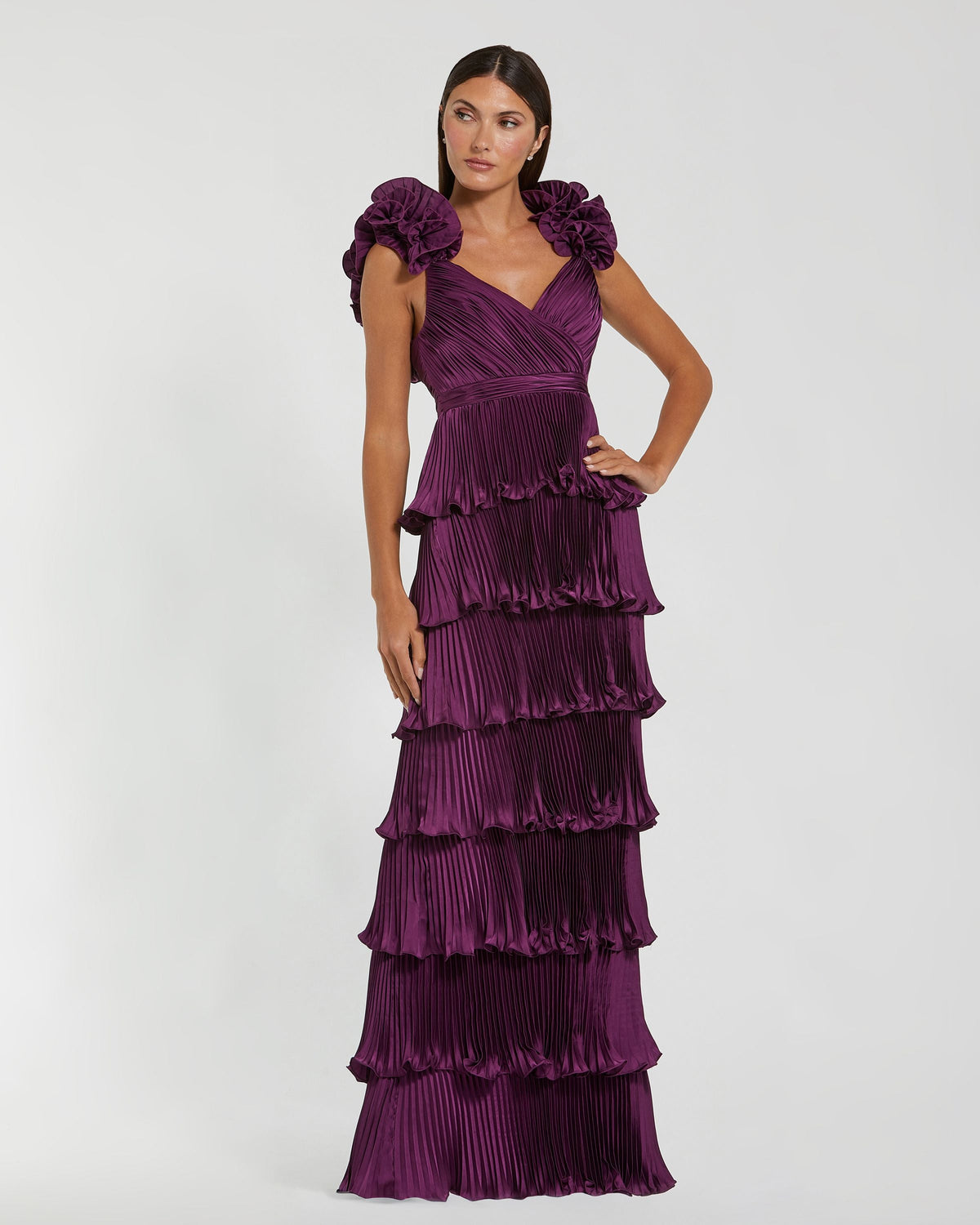 Purple Pleated Charmeuse Tiered Gown With Ruffle Straps Contemporary Collection
