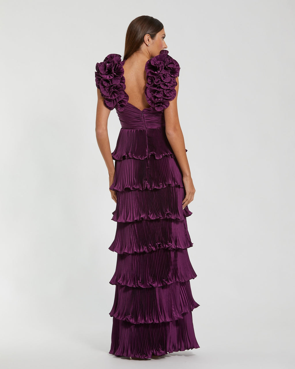 Purple Pleated Charmeuse Tiered Gown With Ruffle Straps Contemporary Collection