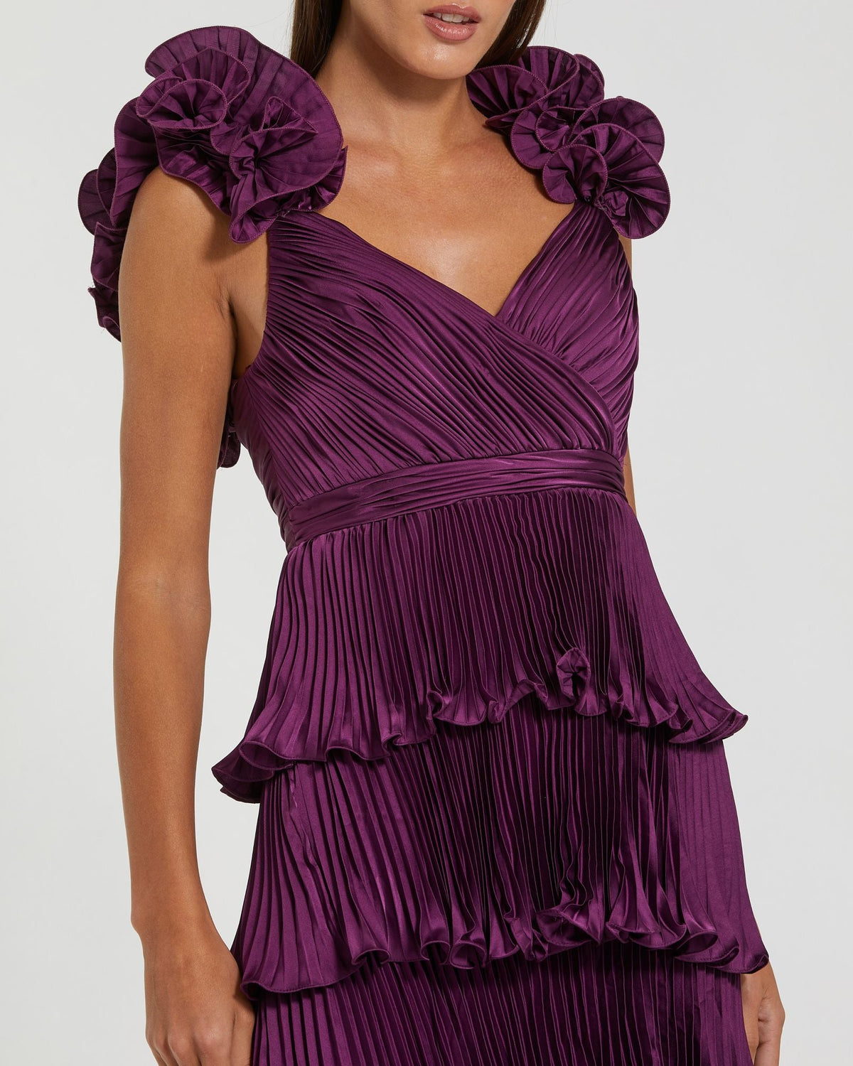 Purple Pleated Charmeuse Tiered Gown With Ruffle Straps Contemporary Collection