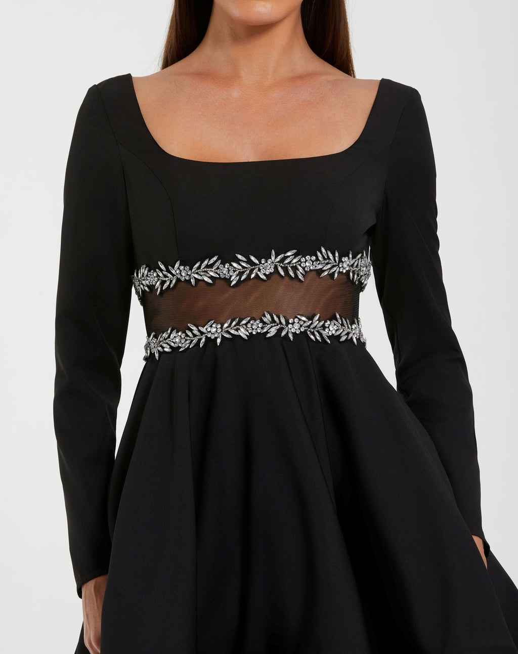 Black Long Sleeve Crepe Mini Dress With Jewel Detail - Contemporary Collection