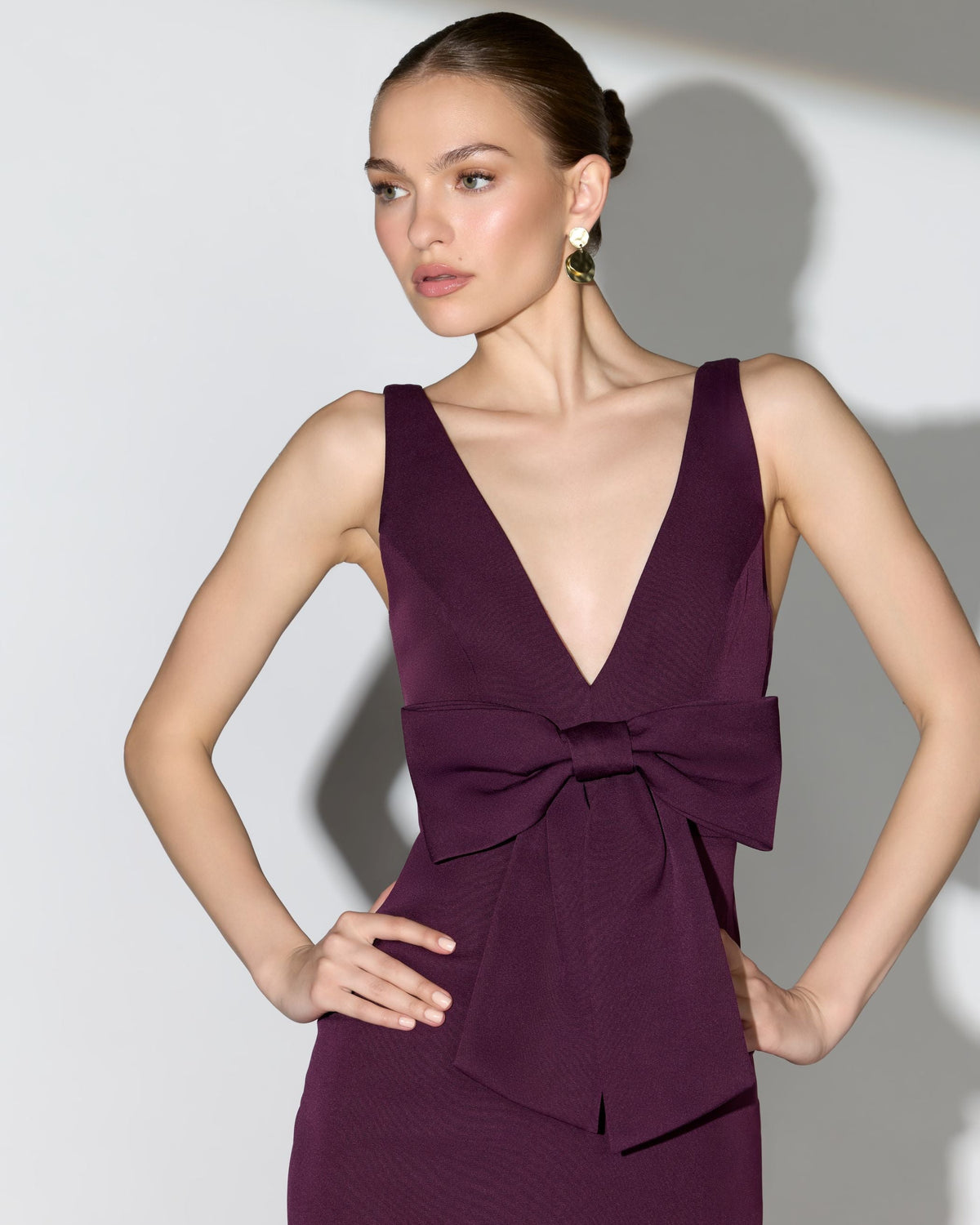 Purple Crepe Sleeveless V-Neck Gown with Bow Contemporary Collection