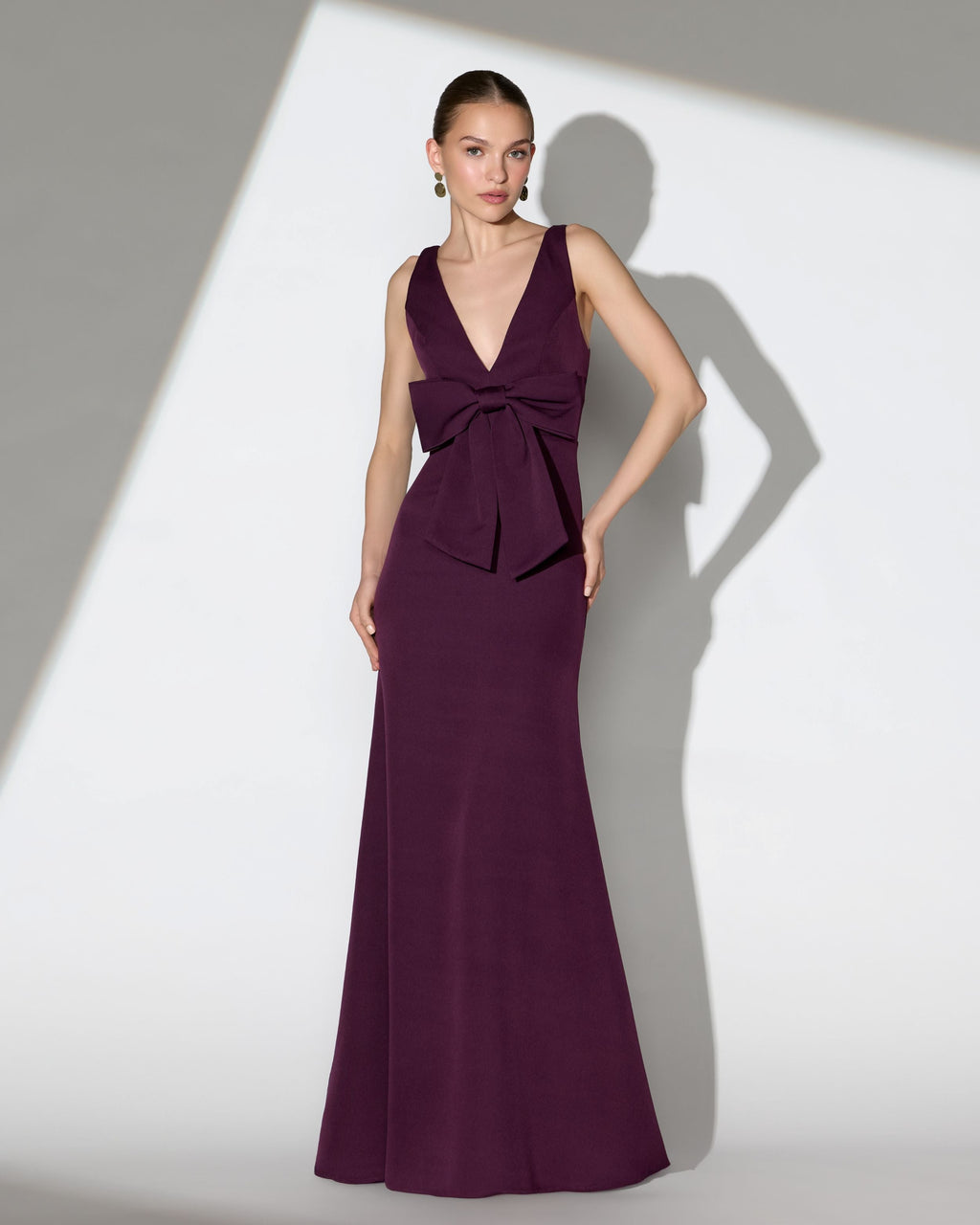 Purple Crepe Sleeveless V-Neck Gown with Bow Contemporary Collection