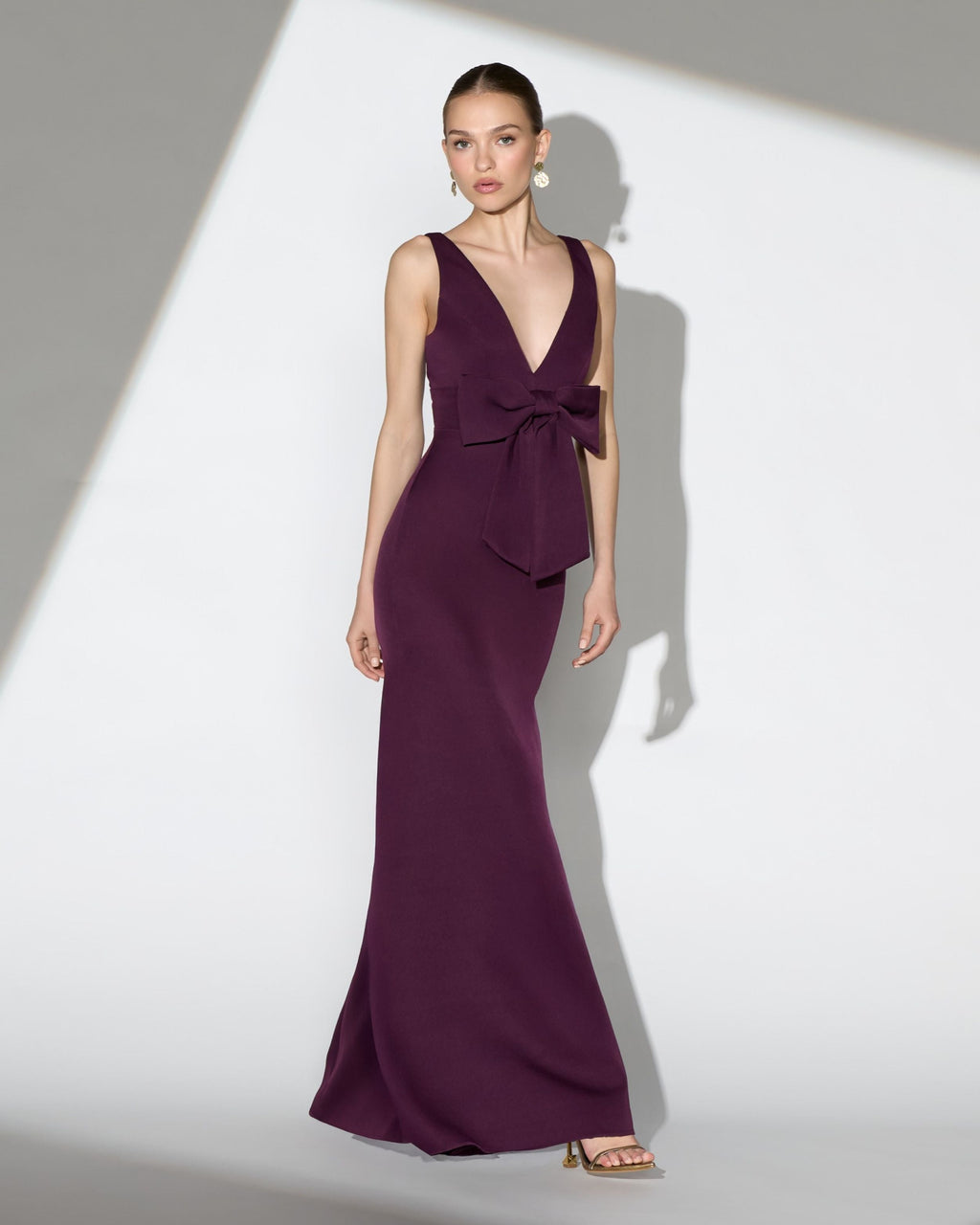 Purple Crepe Sleeveless V-Neck Gown with Bow Contemporary Collection