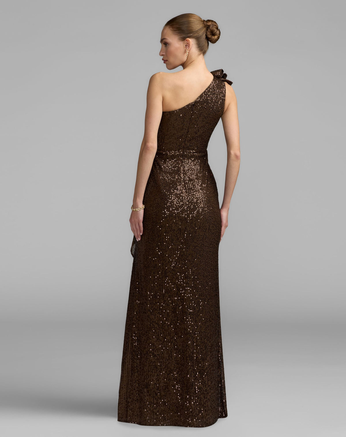 Brown One Shoulder Sequin Gown With Ruffle Detail - Contemporary Collection