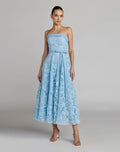 Blue Embroidered Lace Strapless Midi Dress With Bow Detail - Contemporary Collection