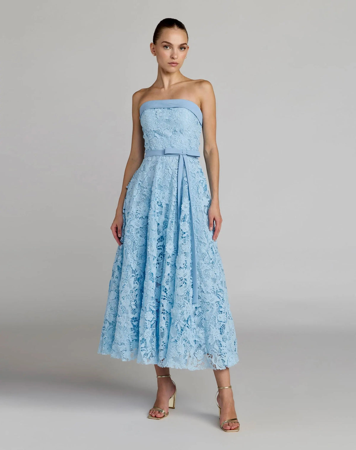 Blue Embroidered Lace Strapless Midi Dress With Bow Detail - Contemporary Collection