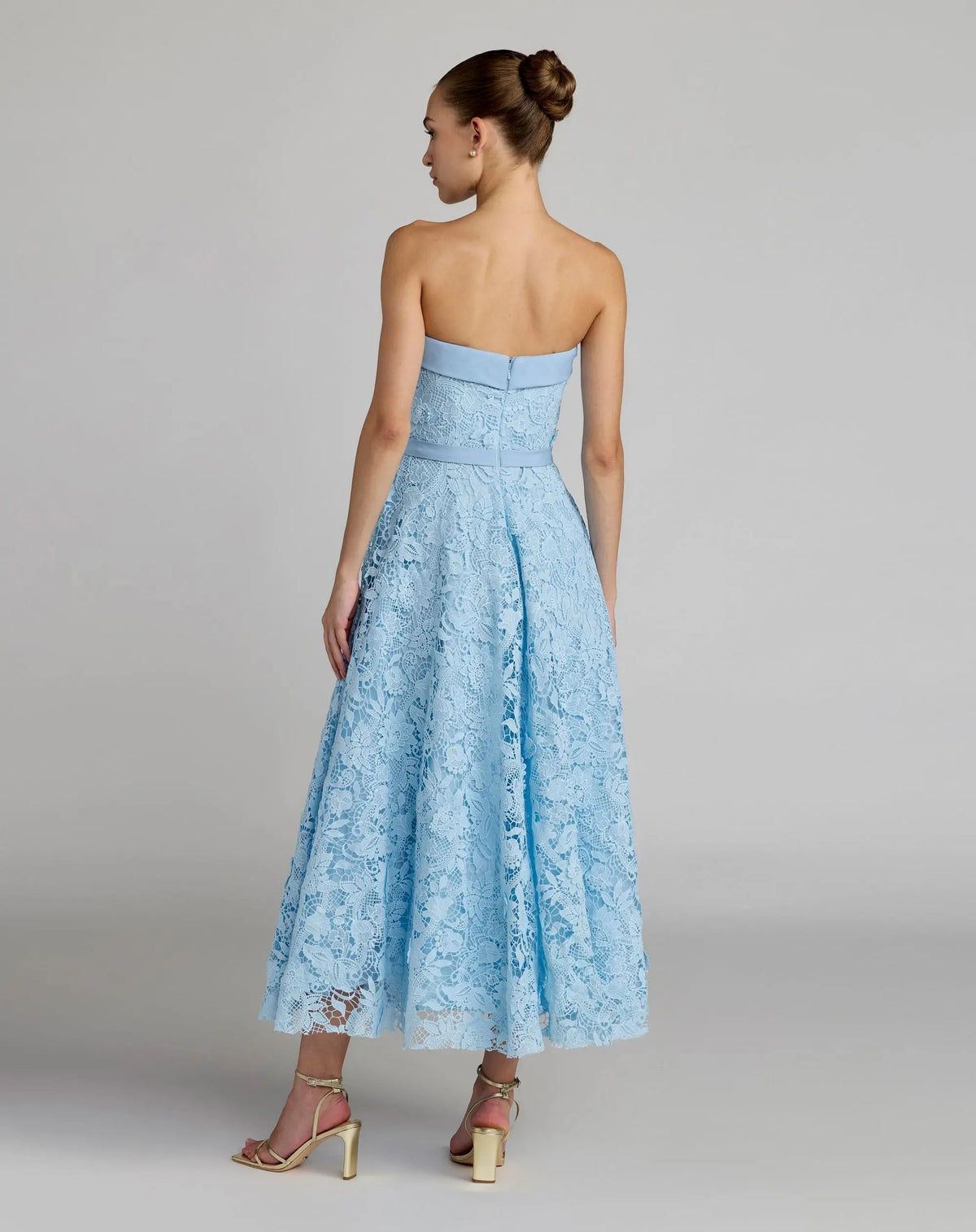 Blue Embroidered Lace Strapless Midi Dress With Bow Detail - Contemporary Collection