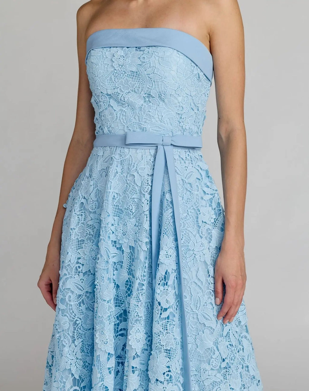 Blue Embroidered Lace Strapless Midi Dress With Bow Detail - Contemporary Collection