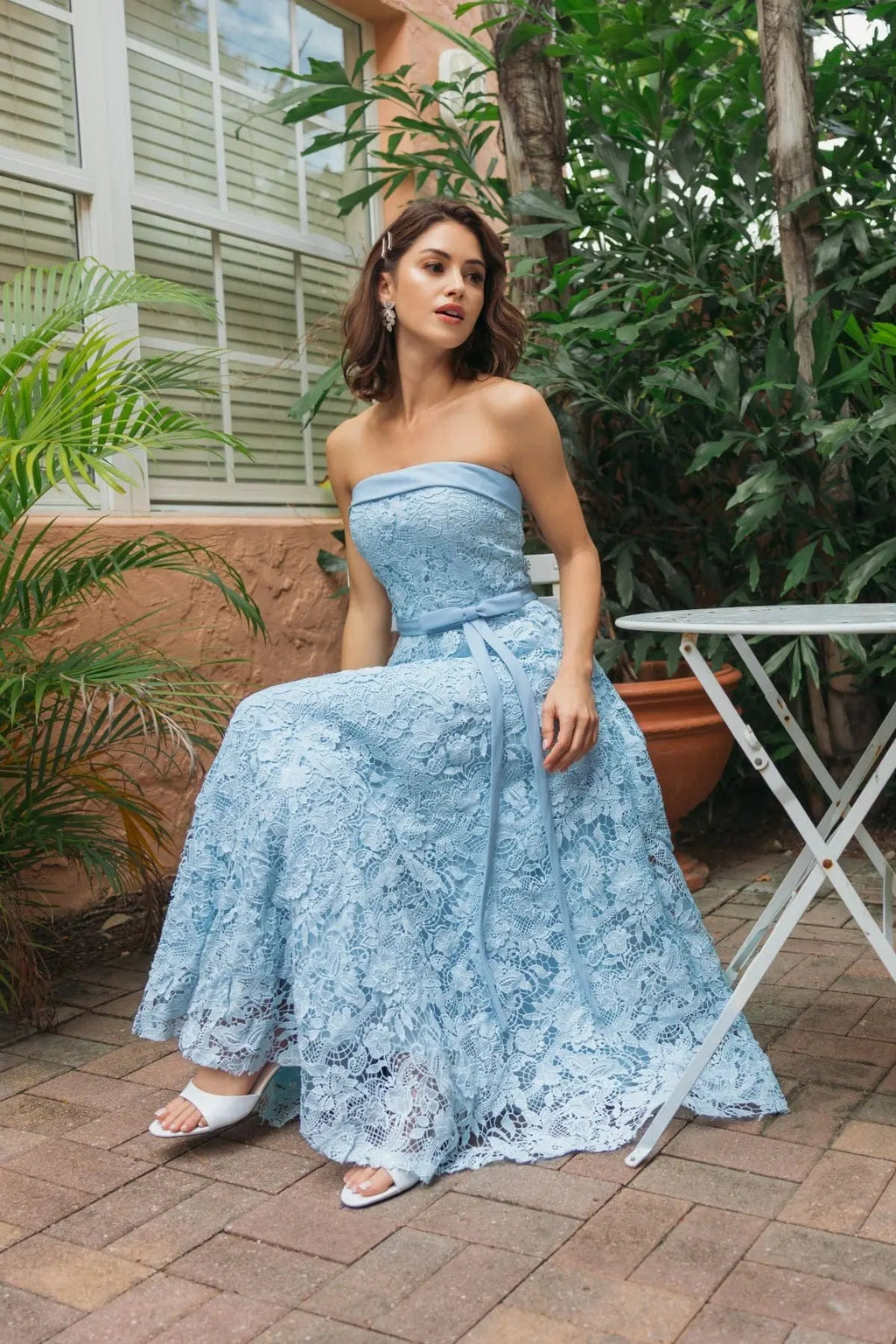 Blue Embroidered Lace Strapless Midi Dress With Bow Detail - Contemporary Collection