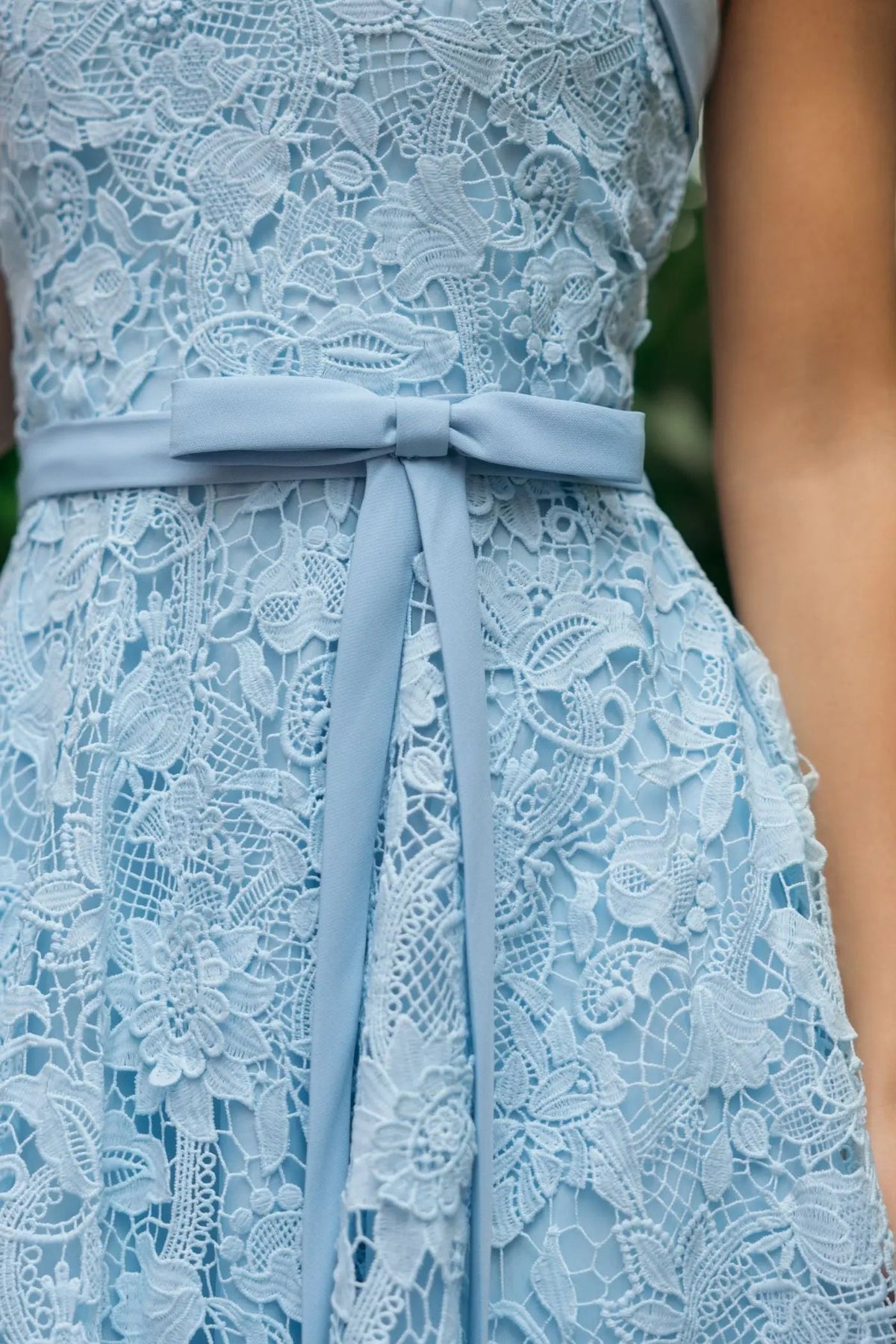 Blue Embroidered Lace Strapless Midi Dress With Bow Detail - Contemporary Collection