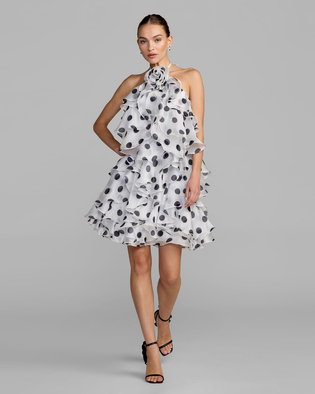 White Polka Dot Halter Neck Ruffle Mini Dress Contemporary Collection