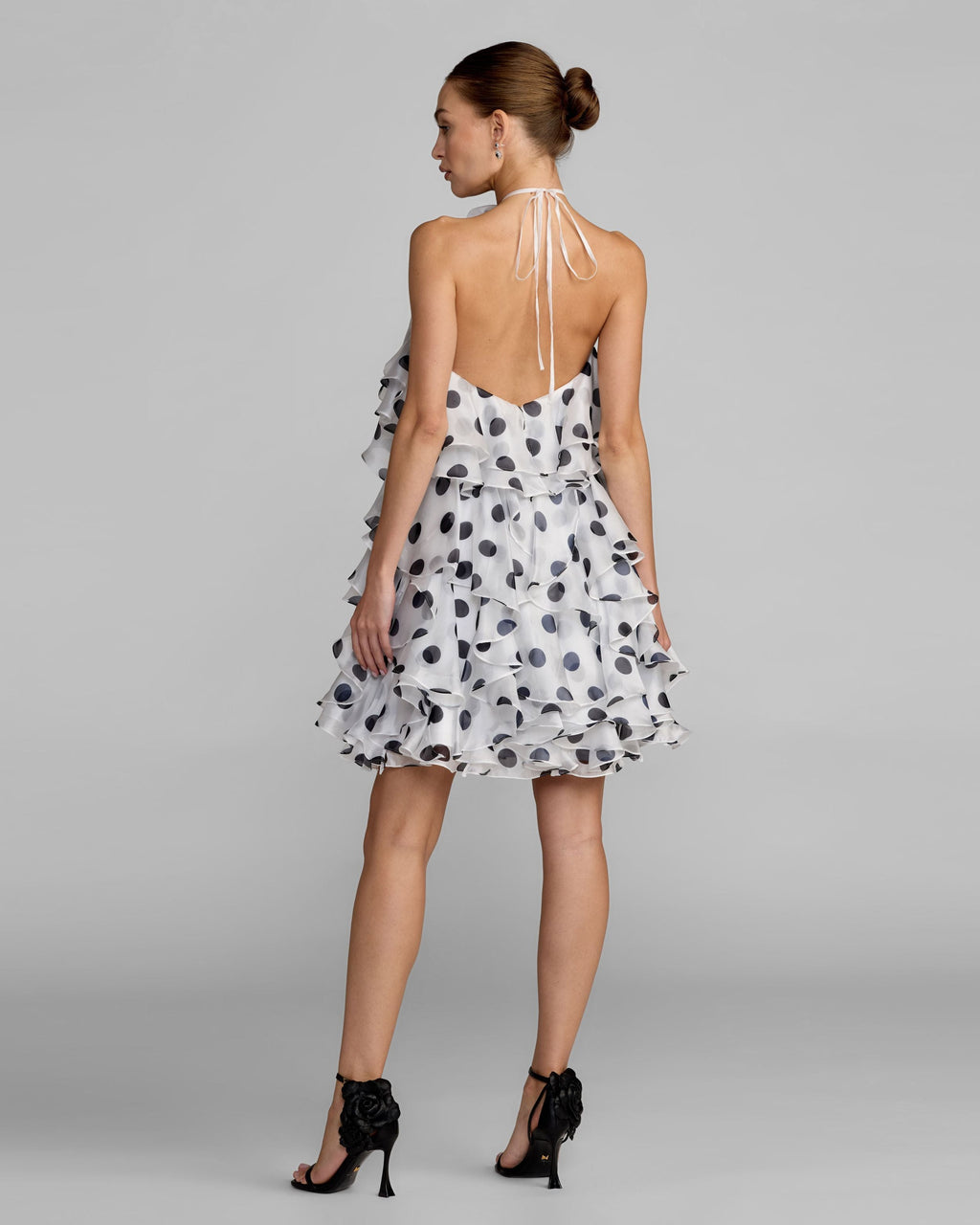 White Polka Dot Halter Neck Ruffle Mini Dress Contemporary Collection