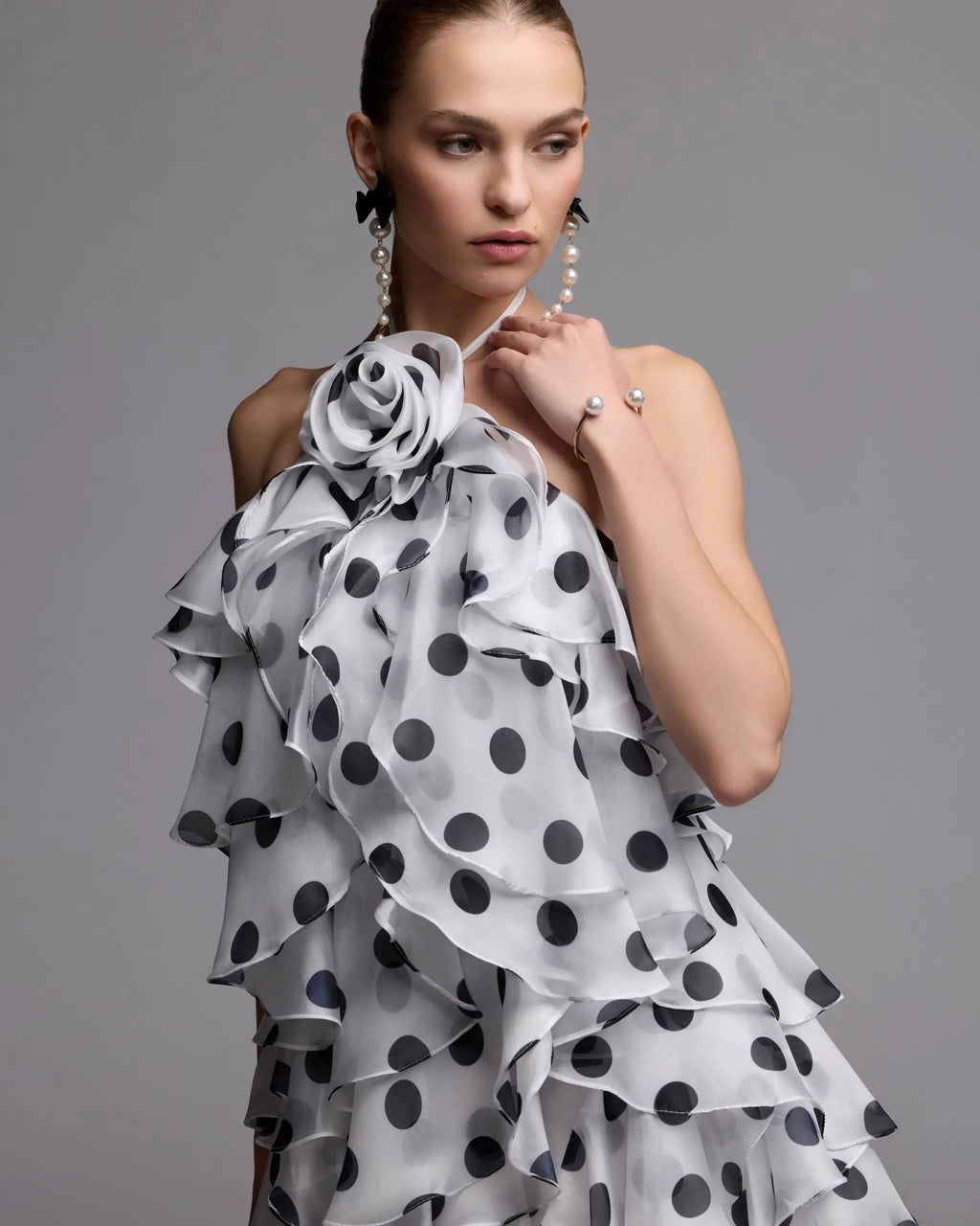 White Polka Dot Halter Neck Ruffle Mini Dress Contemporary Collection